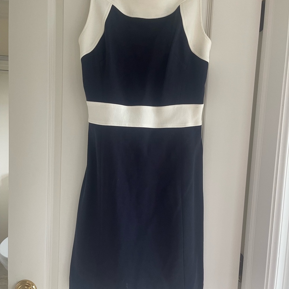 Milly Two-Tone Navy Blue and Ivory Mini Dress. Open back. Classic with a twist.